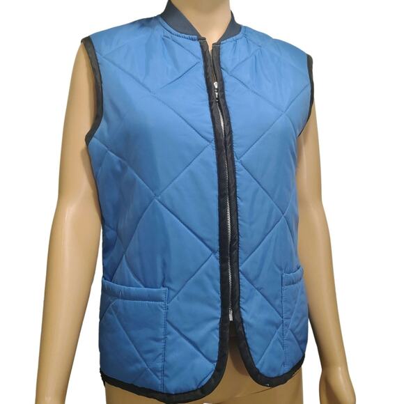 70s Blue Vintage Sears Work Leisure Zip Up Quilted Vest Pockets Size Small Mens - Picture 1 of 8